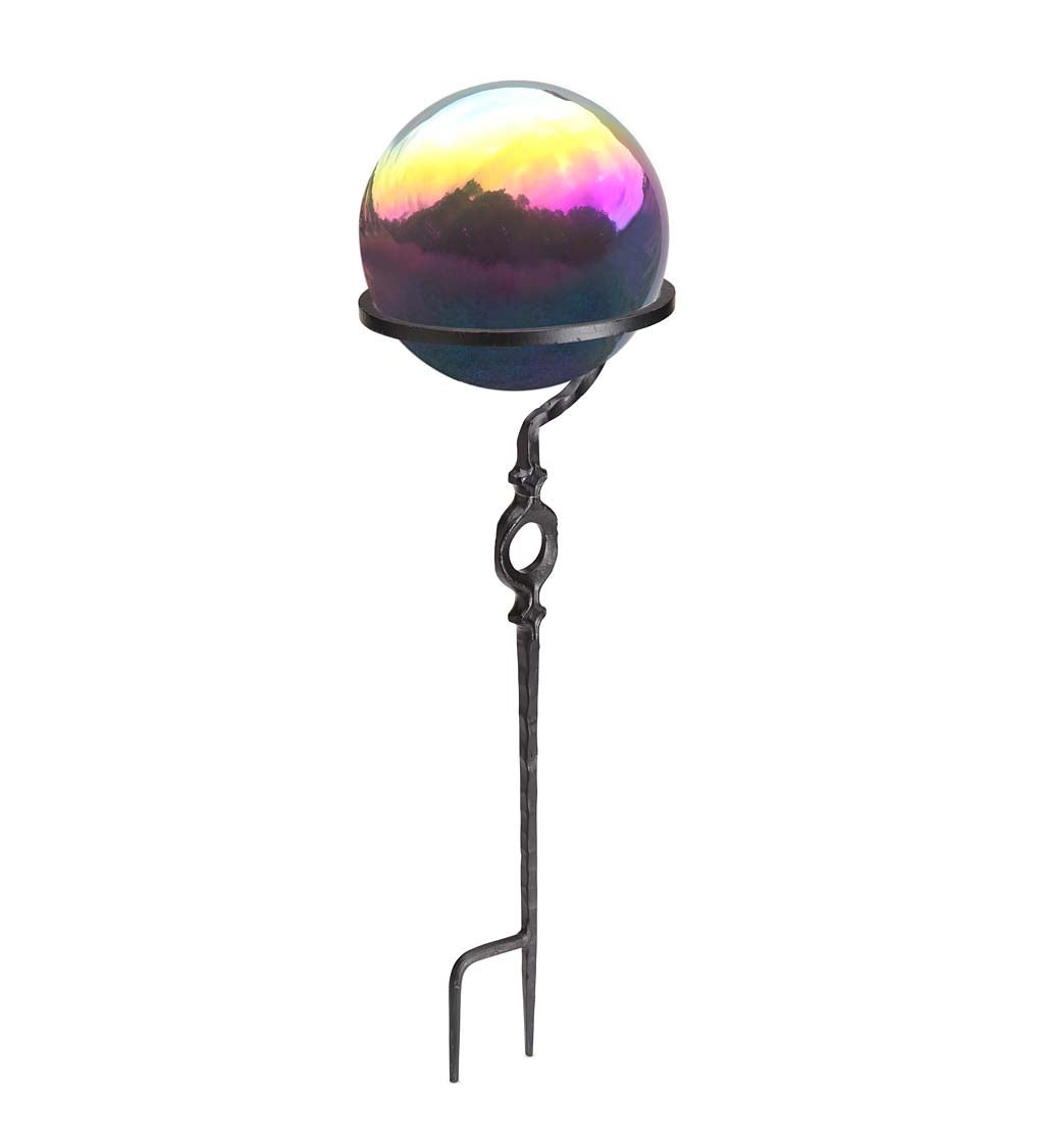 Metal Rainbow Gazing Ball with Wrought Iron Circle Stand - Rainbow