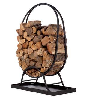 Large Oval Wood Rack with Kindling Storage and Dirt Tray
