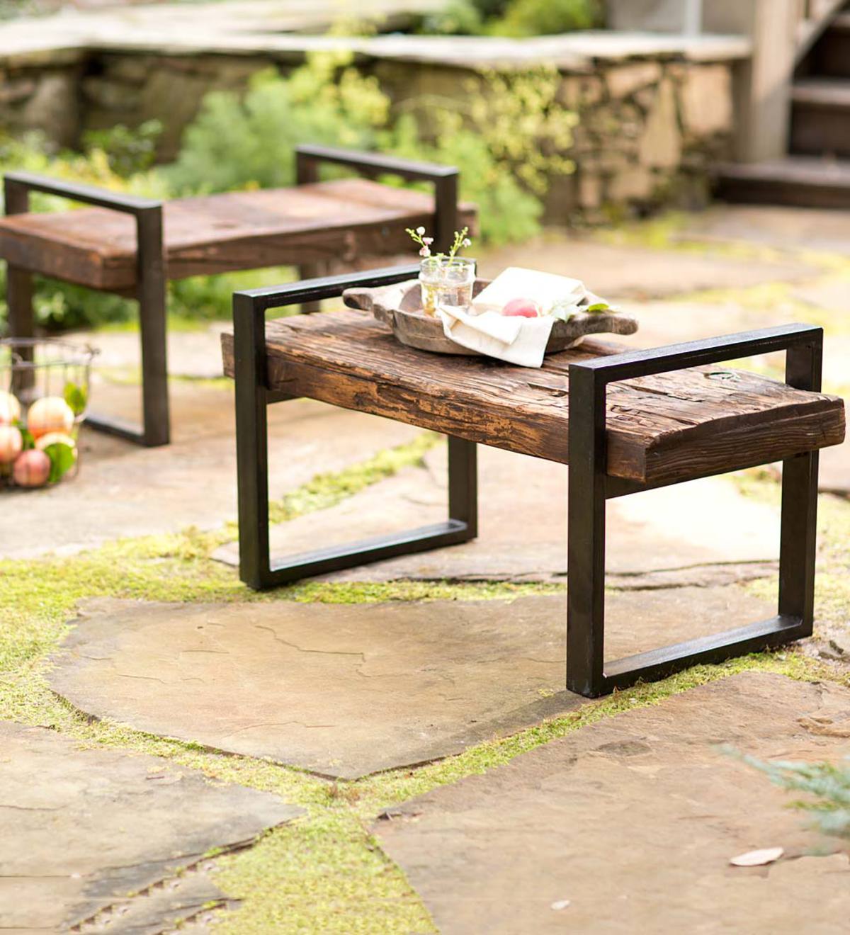 Reclaimed Wood And Iron Outdoor Bench