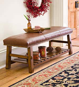 Canyon Brown Leather and Wood Bench with Slatted Bottom Shelf