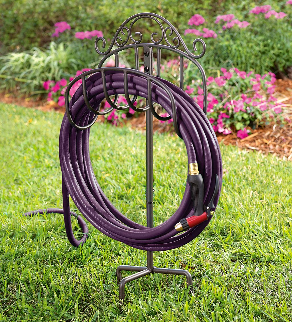 Wrought Iron Hose Holder with Ground Stake - Gunmetal