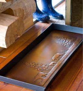 Dark Copper-Colored Metal Boot Tray with Embossed Tree of Life