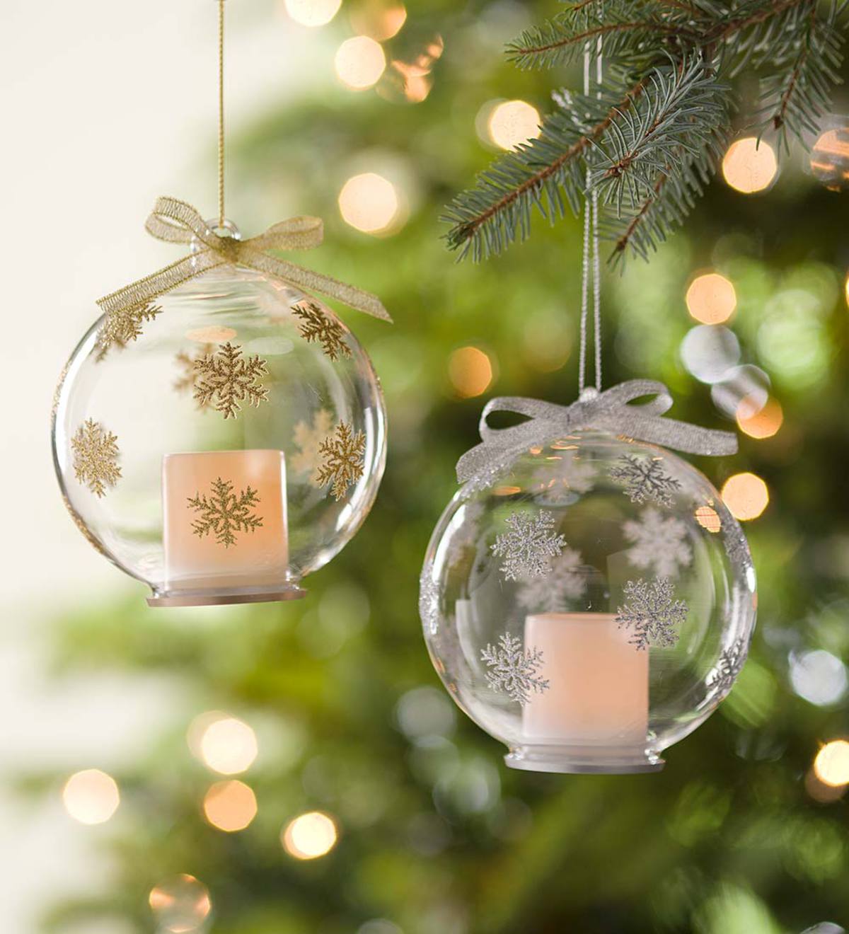 Snowflake Glass Ornaments with Votive, Set of 2