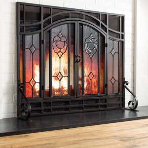 Two-Door Fireplace Screen with Glass Floral Panels