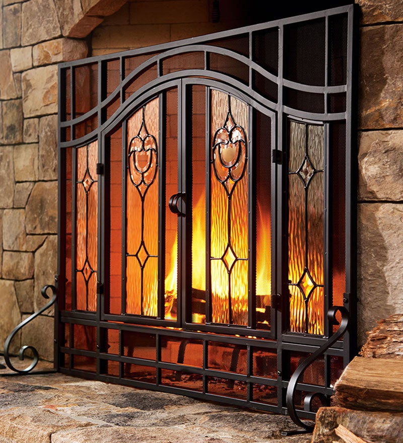 Large Two-Door Fireplace Screen with Glass Floral Panels - Black