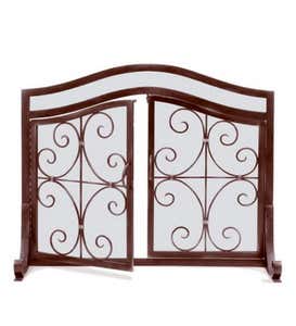 Large 2-Door Finished Tubular-Steel Crest Fire Screen and Four-Piece Tool Set - COPPER