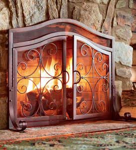 Large 2-Door Finished Tubular-Steel Crest Fire Screen and Four-Piece Tool Set - COPPER
