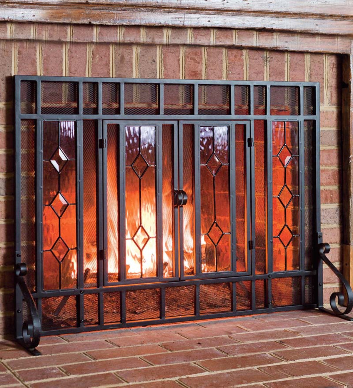 44"W x 33"H Beveled Glass Diamond Fireplace Screen With Powder-Coated Tubular Steel Frame