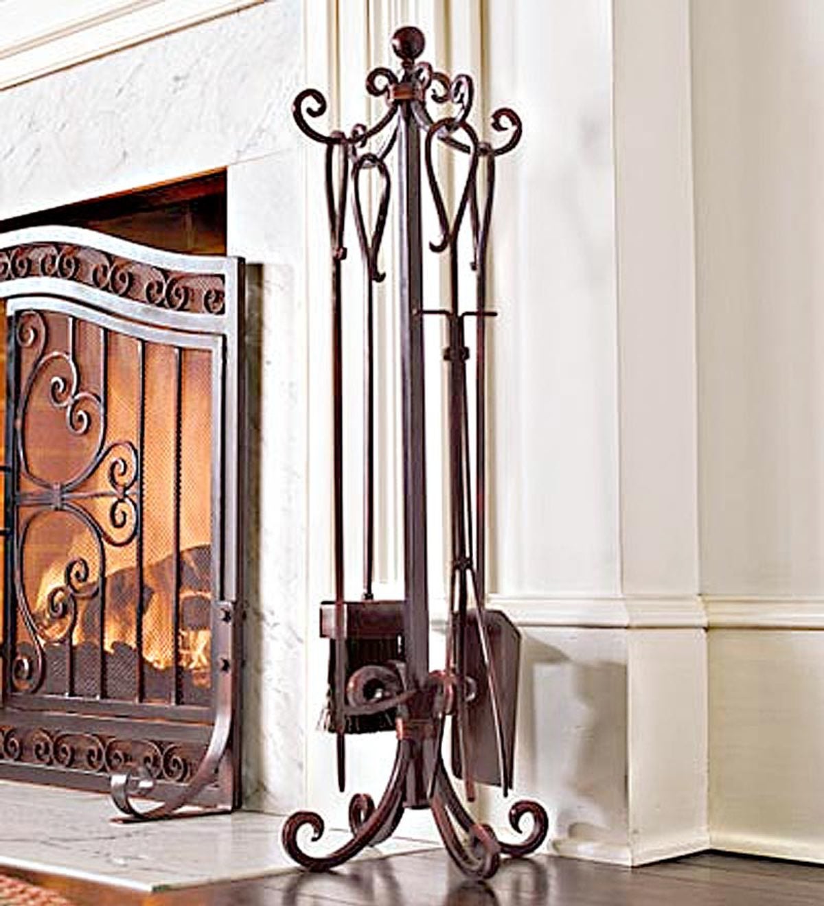 Solid Steel Fireplace Crest Tool Set with Wrought Iron Hearth Stand