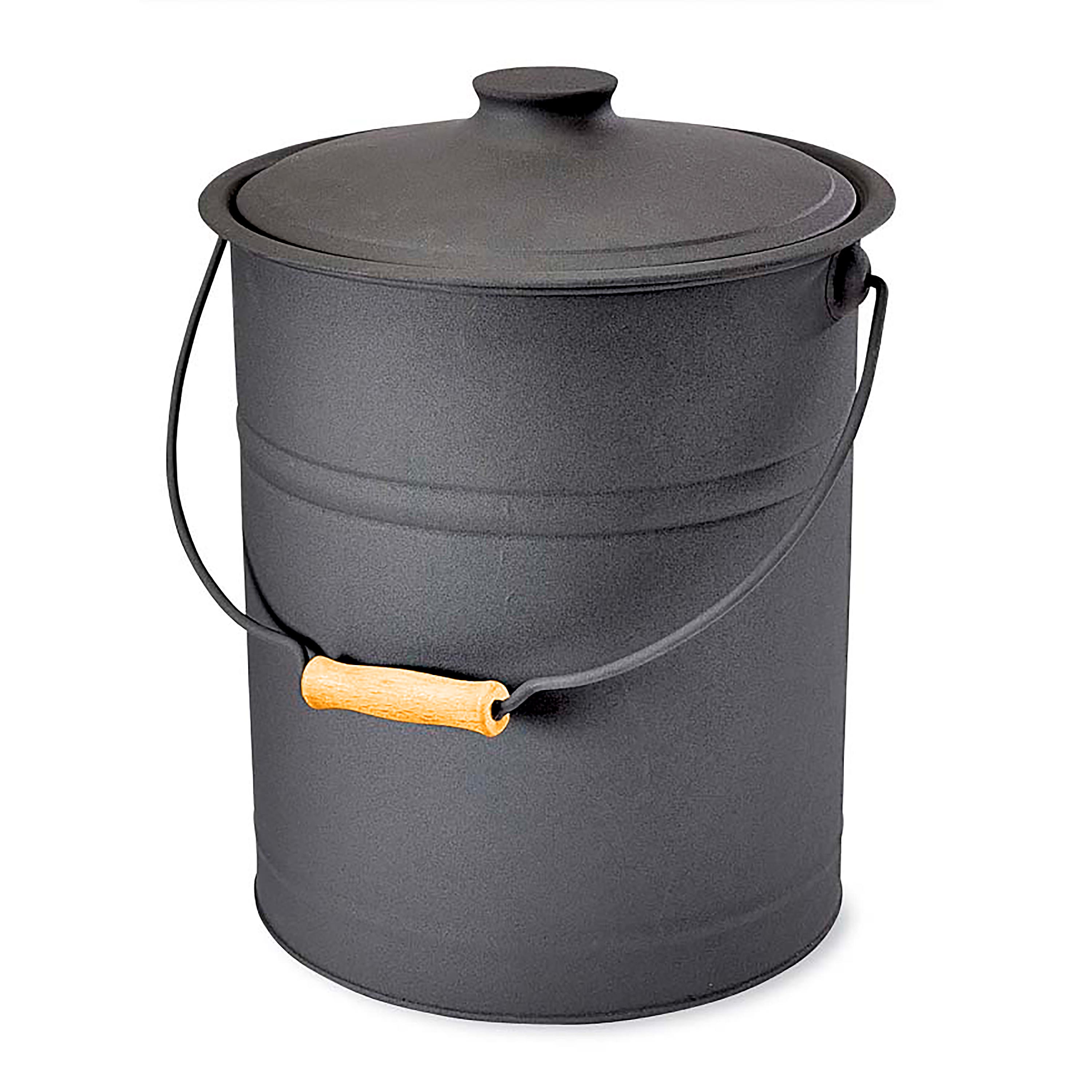 Deluxe Galvanized Ash Bucket with Handle, Lid and Double-Layer Bottom -  Charcoal Black