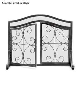 Large 2-Door Finished Tubular-Steel Crest Fire Screen and Four-Piece Tool Set - COPPER