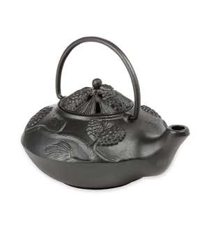 Cast Iron Wood Stove Kettle Steamer with Pine Cone Design - Black