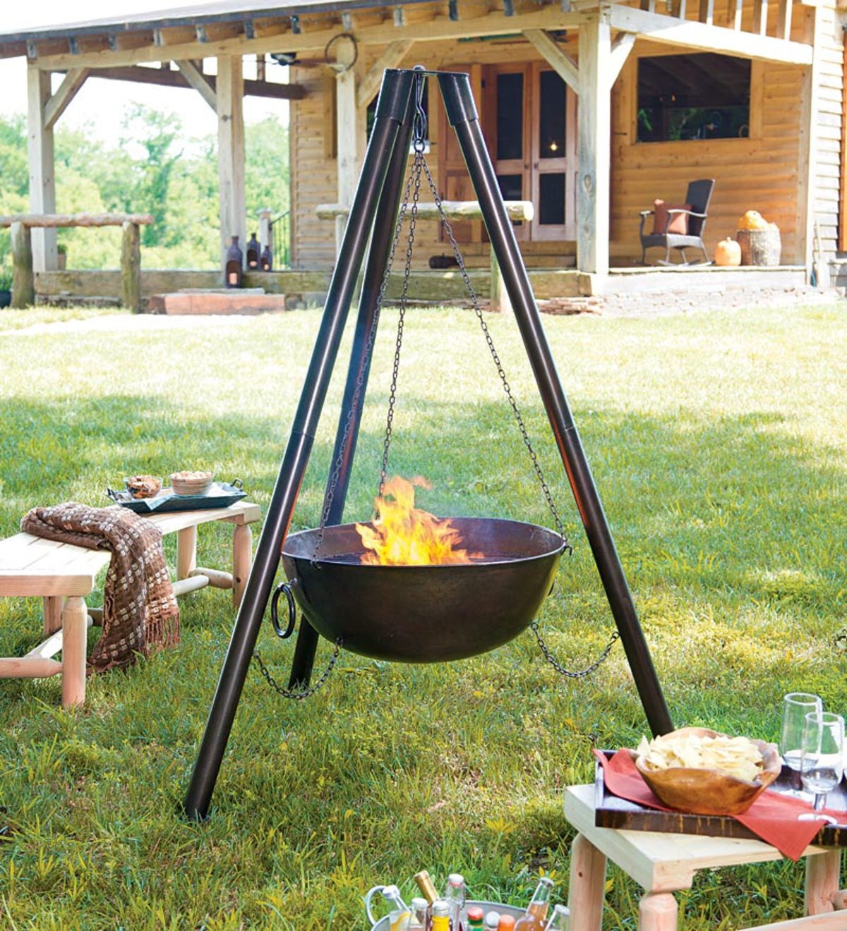 Steel Campfire Cauldron Tripod Fire Pit With Cooking Grill Grate