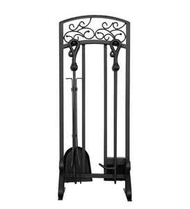 Black Wrought Iron 5-Piece Fireplace Tool Set with Hammered Copper Top Trim