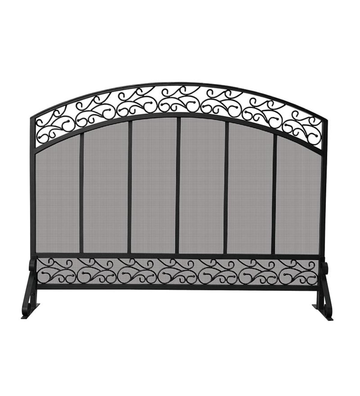 Black Wrought Iron Single Panel Fireplace Screen with Hammered Copper-Top Trim