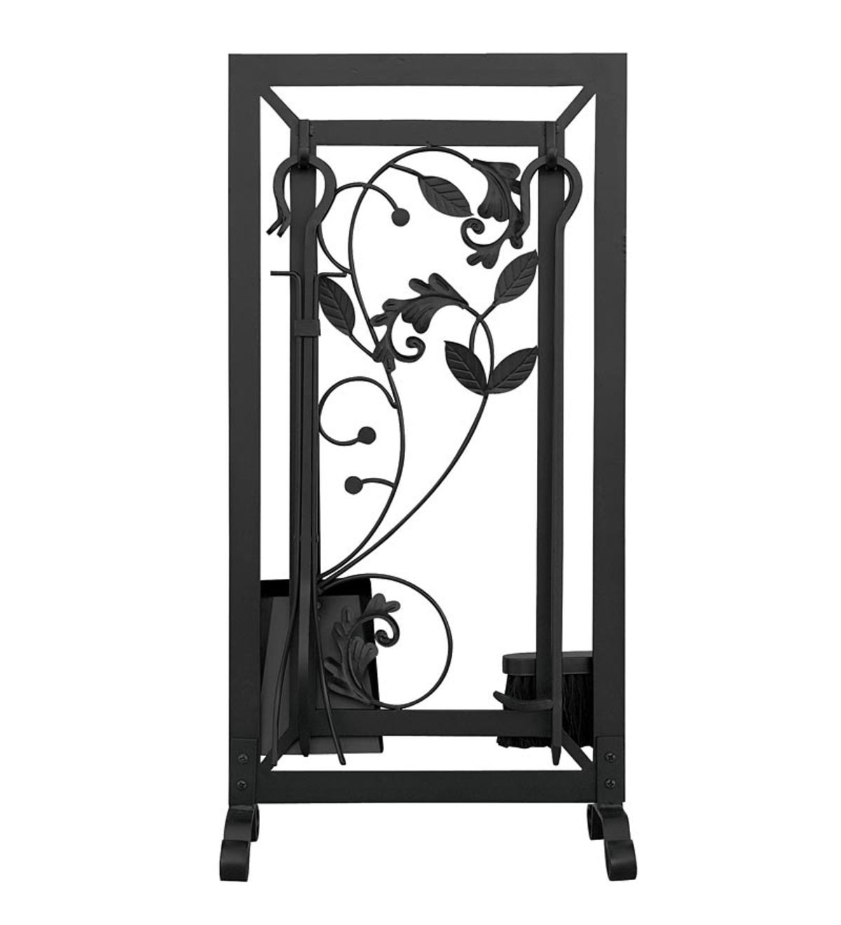 Black Wrought Iron 5-Piece Fireplace Tool Set with Flowing Leaf Design