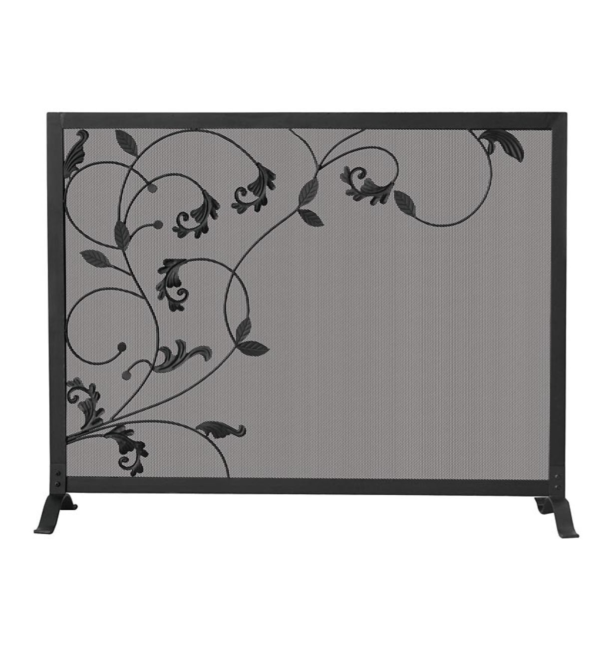 Black Wrought Iron Single Panel Fireplace Screen with Flowing Leaf Design