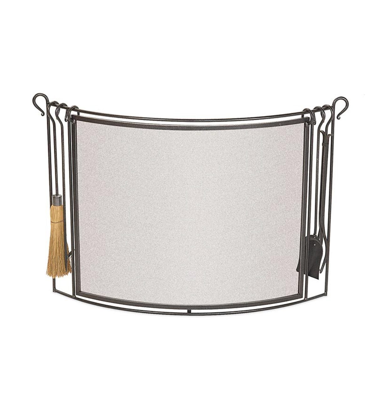 Bowed Steel Fireplace Screen With 4-Piece Tool Set