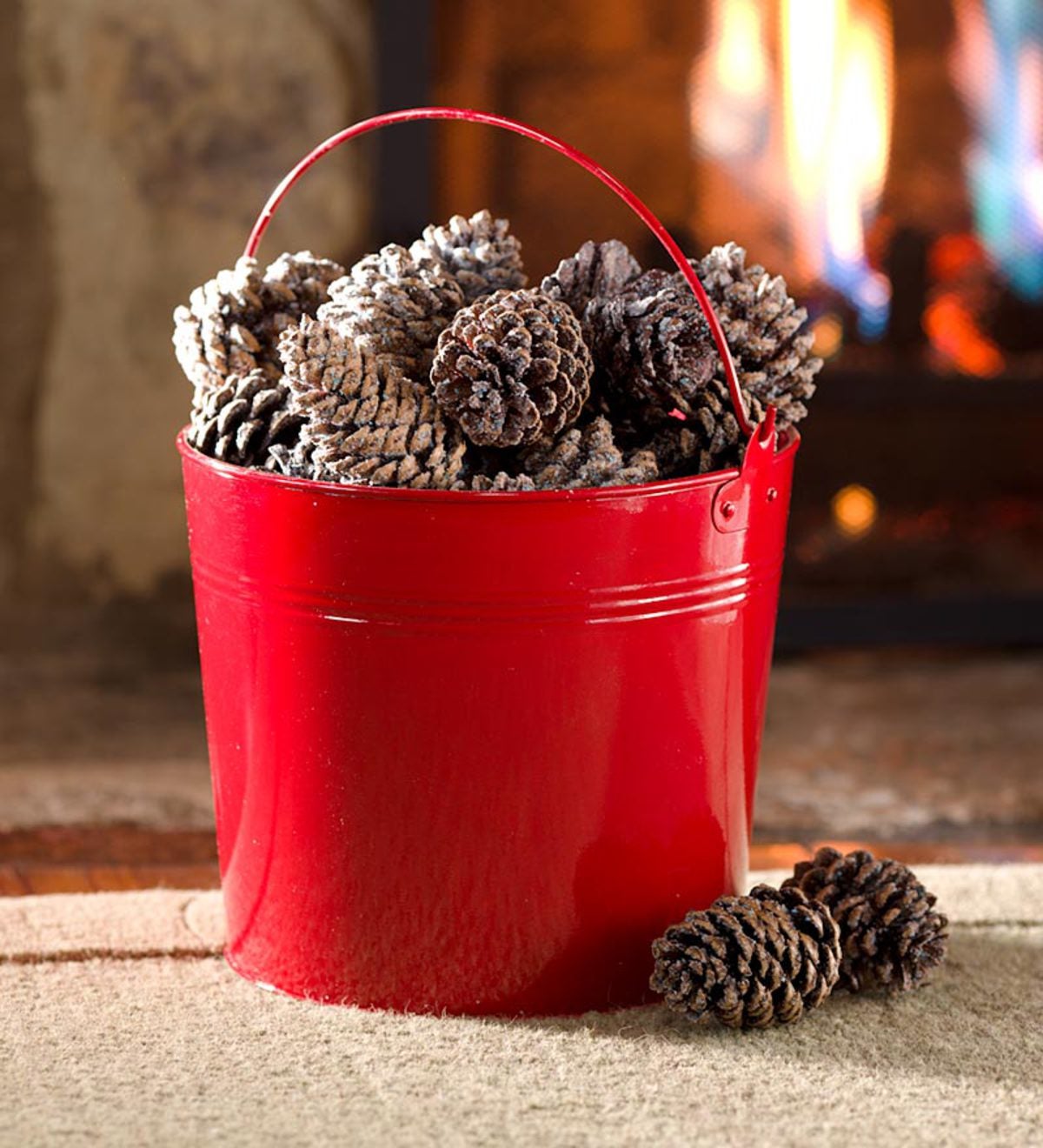 Fireplace Color-Changing Color Cones in Red Metal Bucket