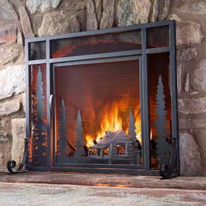 Small Mountain Cabin Fire Screen With Door - Black