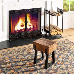 Compact Log Rack, Cast Iron with Scrollwork Design - Black