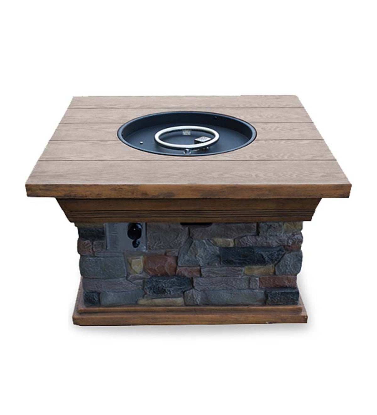 Propane Gas Faux Stone Fire Pit With Wood Top