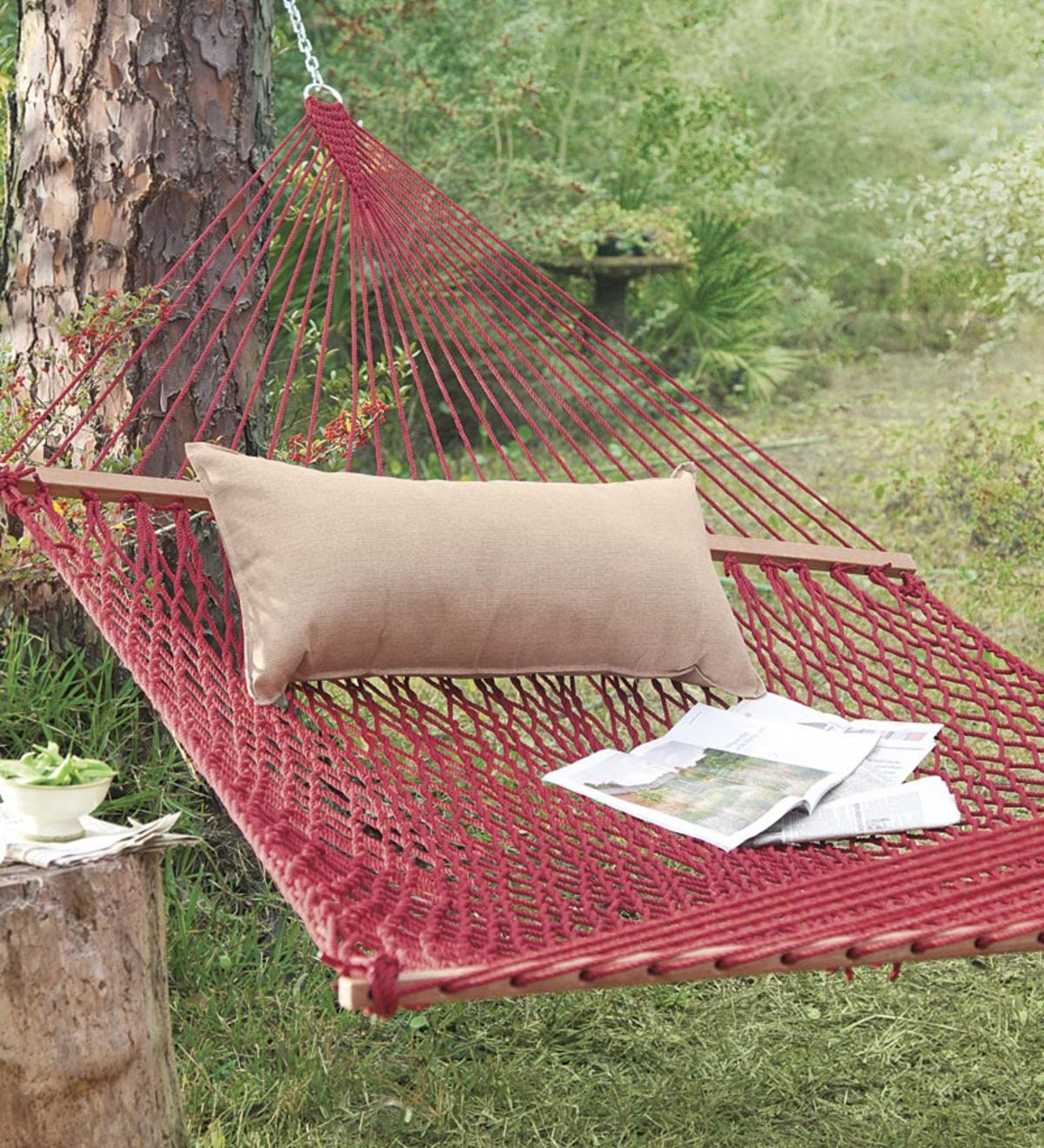 Weather-Resistant Cotton-Feel DuraCord® Rope Hammock 82”L x 60”W - DuraCord in Red