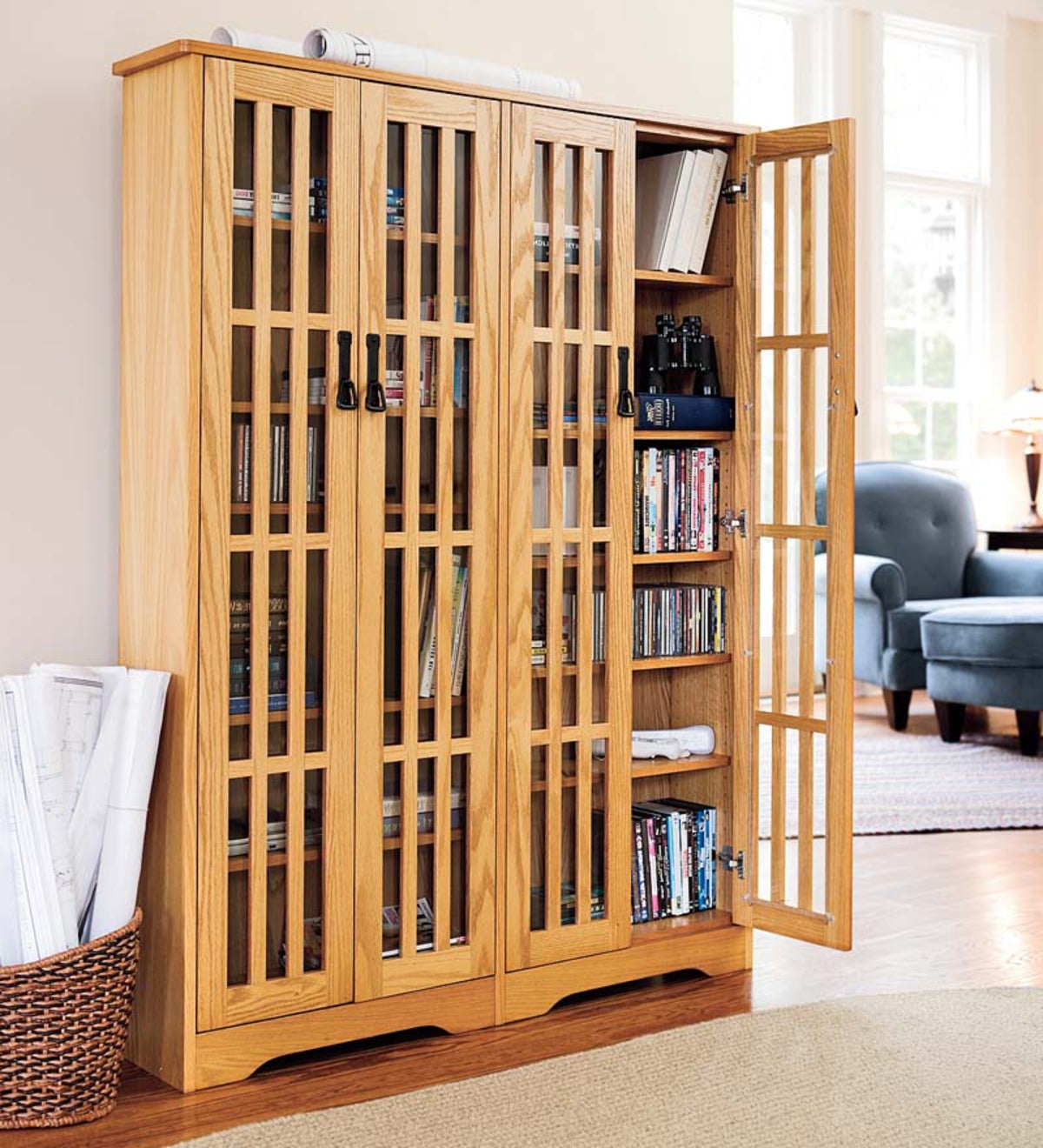 Large Arts and Crafts Style Glass-Front Media Storage Cabinet with Adjustable Shelves