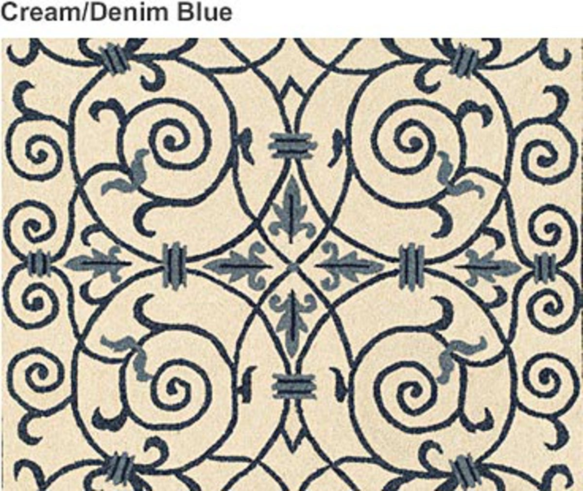 8' Round Scroll Wool Hook Rug - CREAM/DENIM BLUE