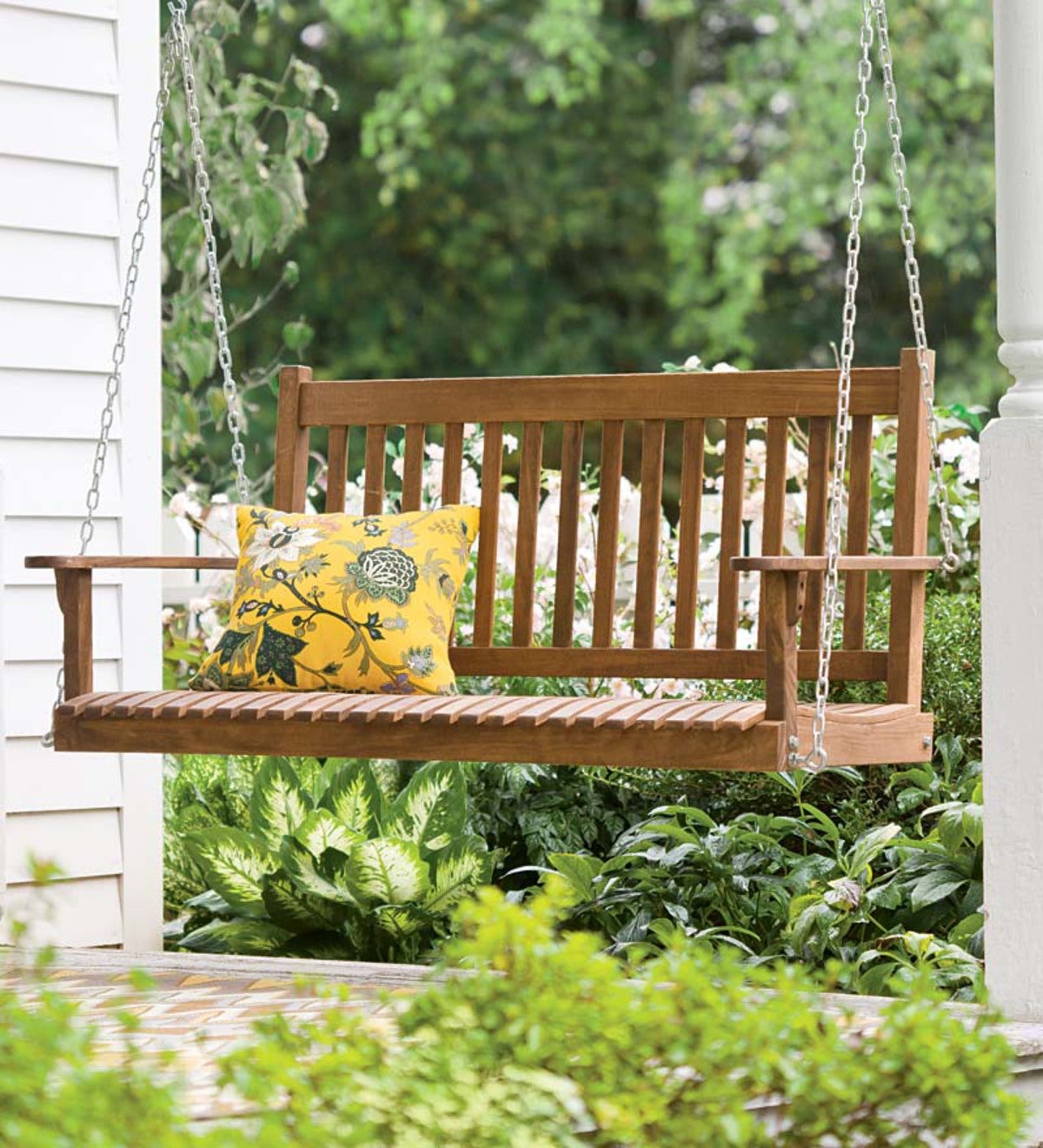 Weather-Resistant Eucalyptus Classic Slatted Outdoor Swing - Natural