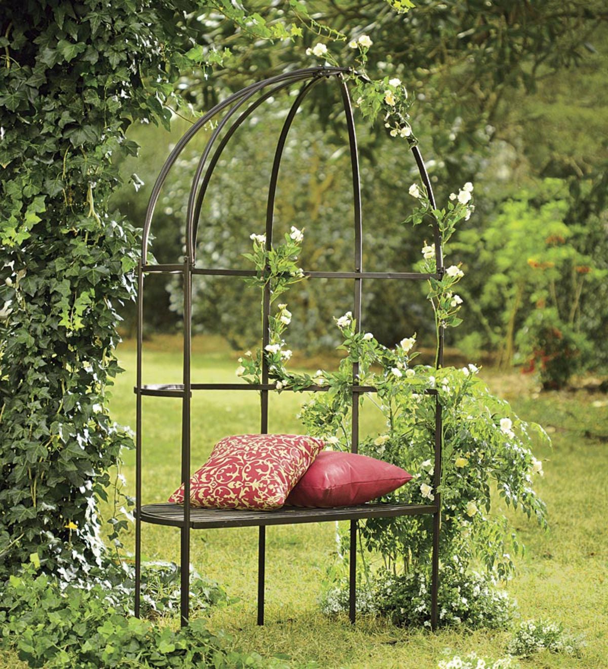 Decorative and Functional Iron Trellis Garden Bench
