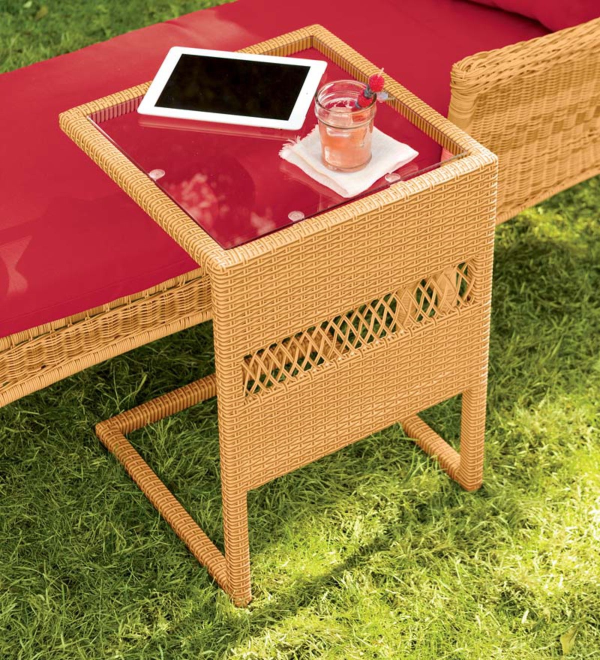 Easy Care Resin Wicker Pull Up Table With Glass Top