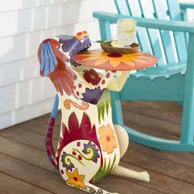 Handmade Colorful Painted Folk Art Metal Dog Side Table