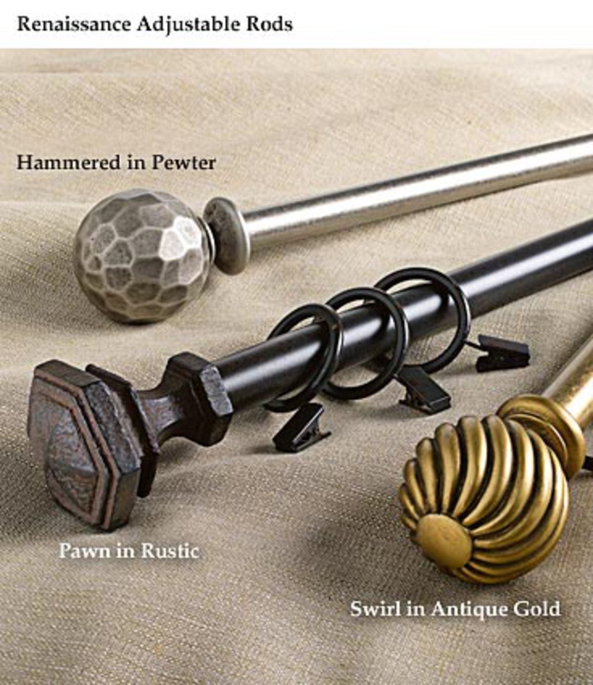 28”- 48”Adjustable Rod and Finial Set in Gold, Pewter or Rustic Finishes - RUSTIC - HAMMERED