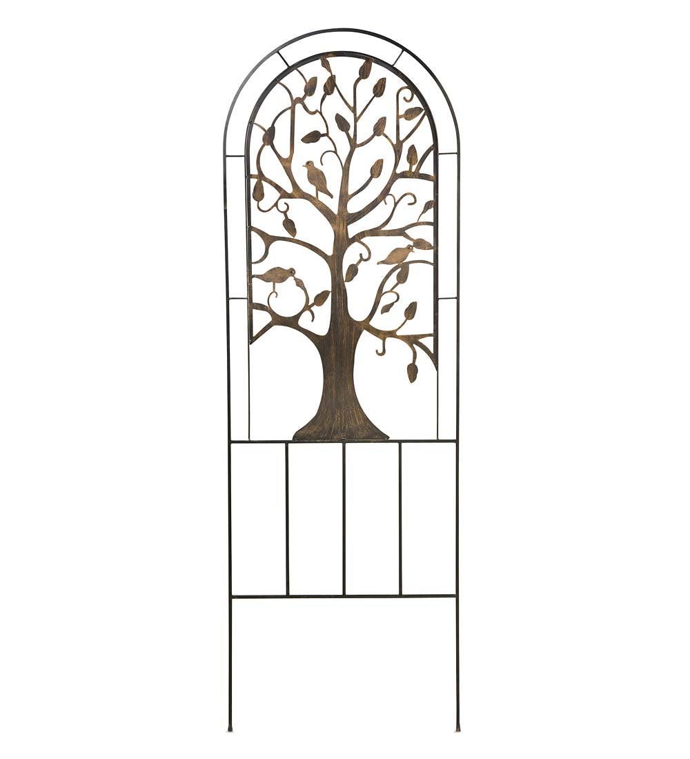 Metal Arched Garden Trellis with Tree of Life Design - Antique Copper