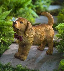 Golden Retriever Puppy with Solar Butterfly Garden Statue