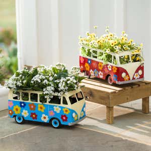 Blue Metal Flower Power Bus Planter