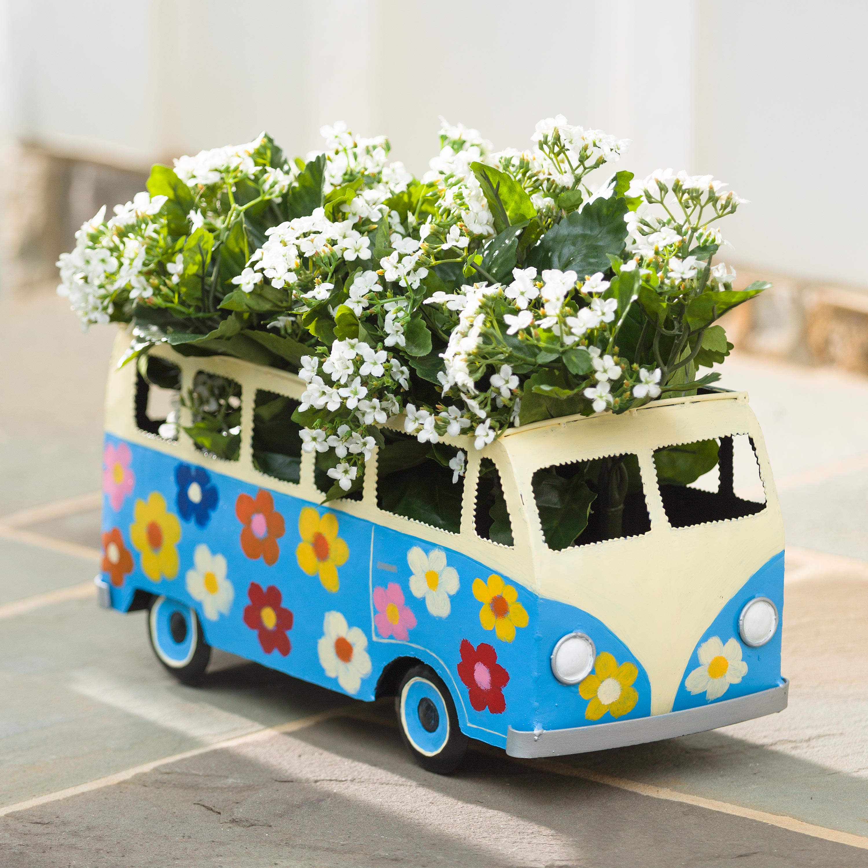 Blue Metal Flower Power Bus Planter