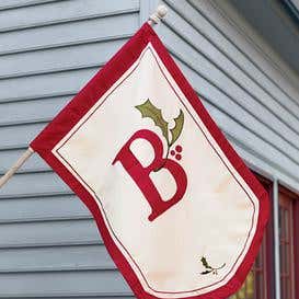 Holiday Monogram Fade- and Weather-Resistant House Flag with Red Border and Holly Sprig