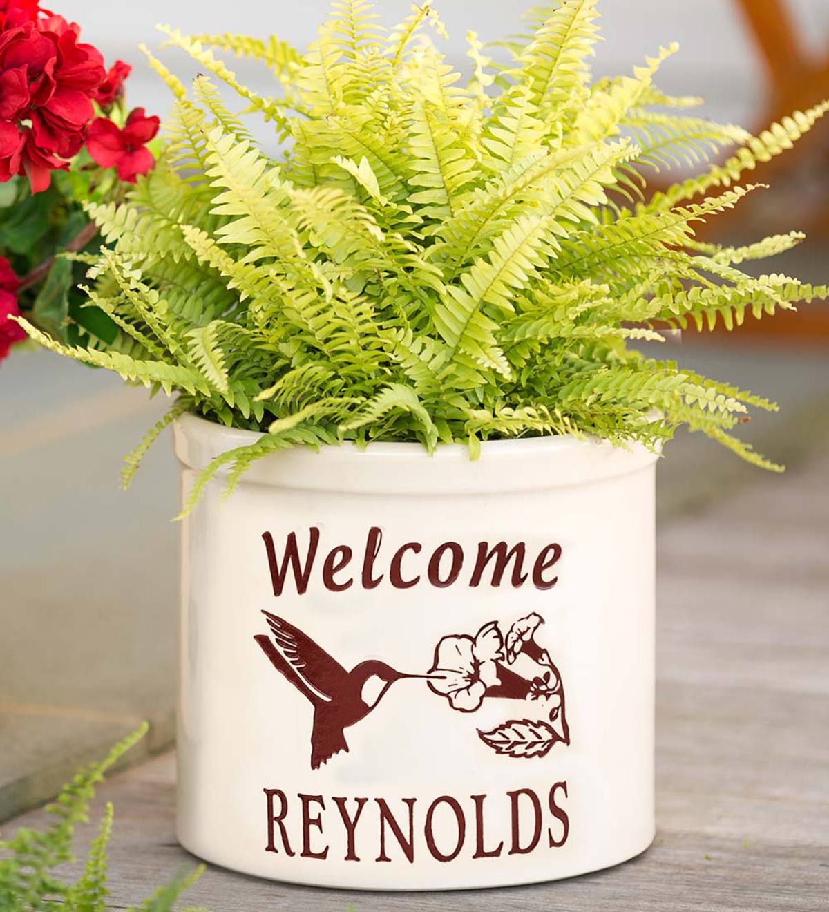 Personalized Stoneware Crock with Hummingbird