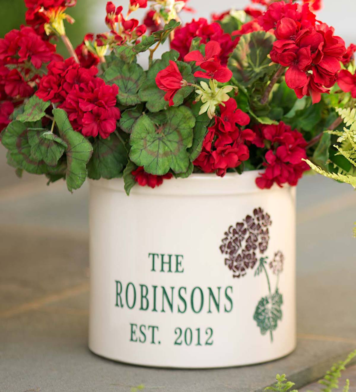 Personalized Stoneware Crock with Geranium Design