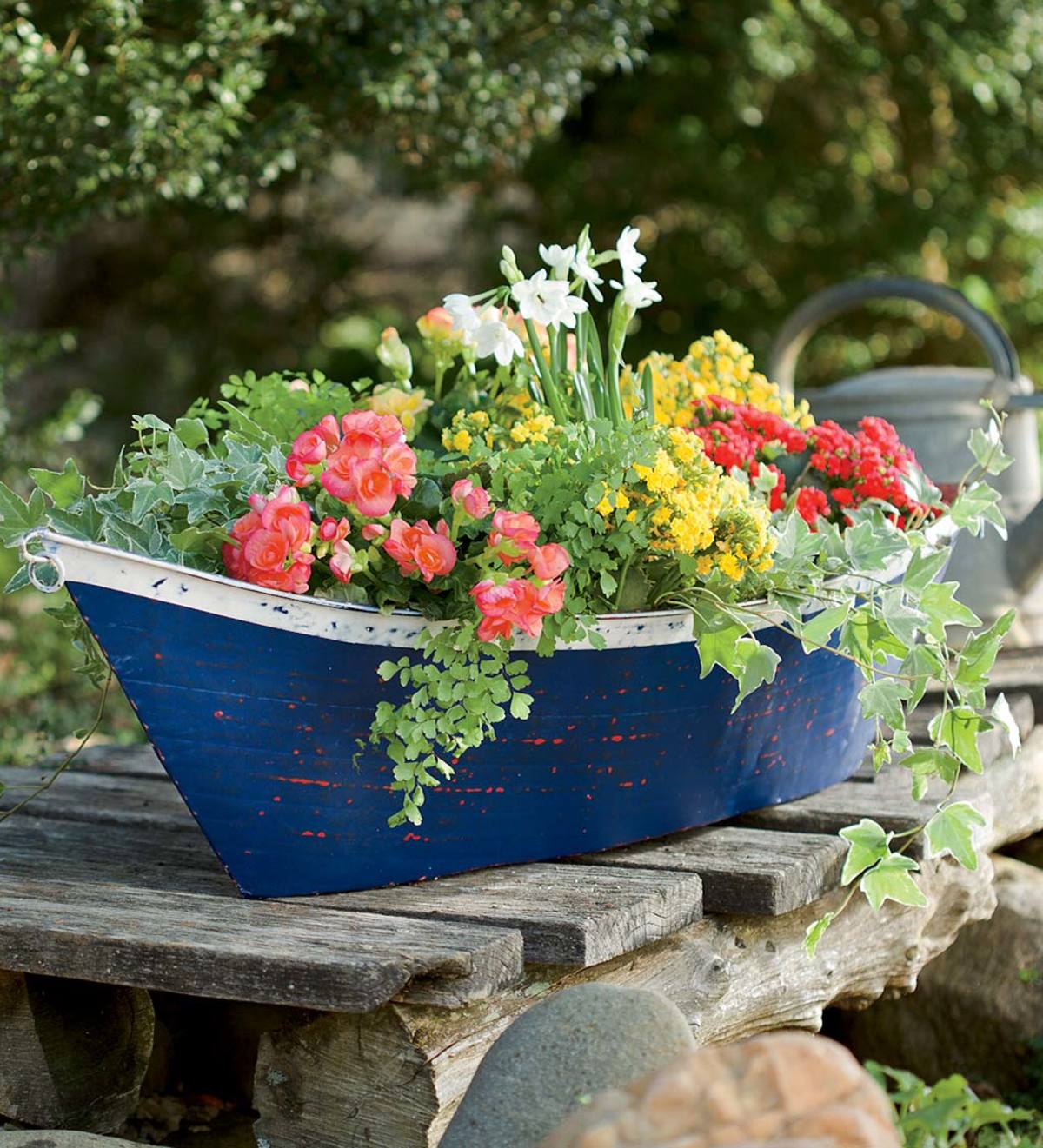 Large Handmade Painted Metal Boat Planter/Container