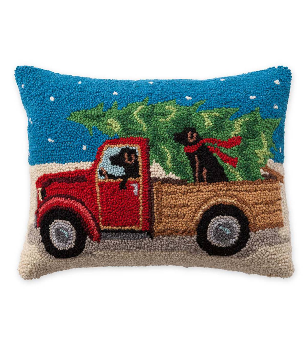 Hooked Wool Holiday Throw Pillow with Black Labs in Truck