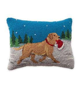 Hooked Wool Holiday Throw Pillow Yellow Lab with Santa Hat