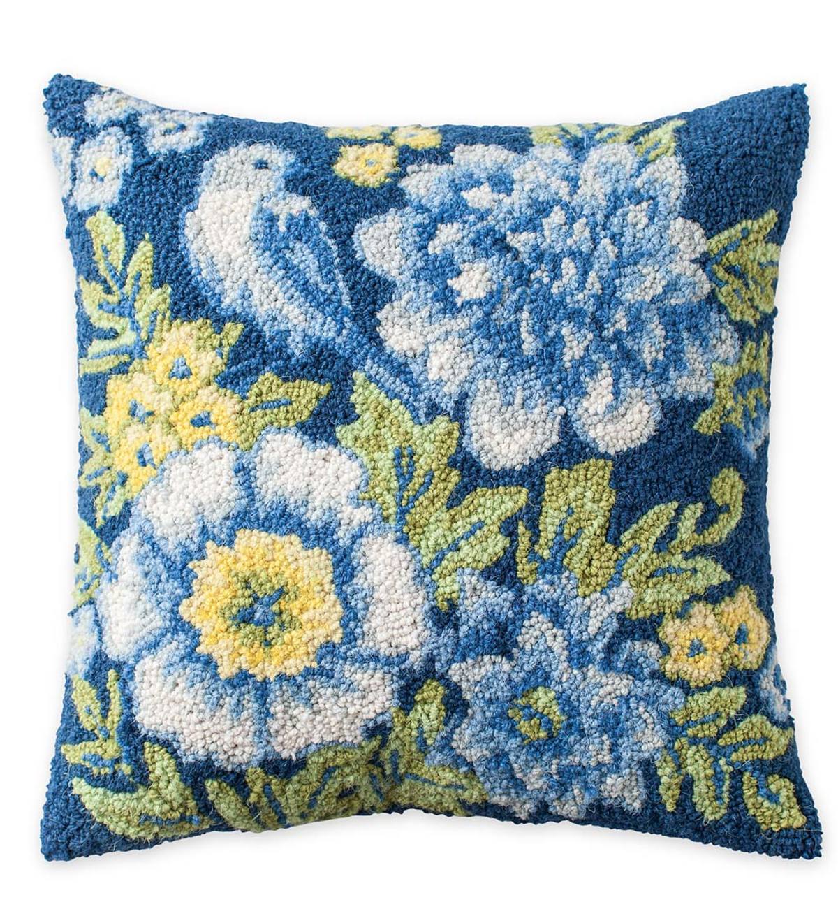 Hand-Hooked Wool Bluebird Throw Pillow