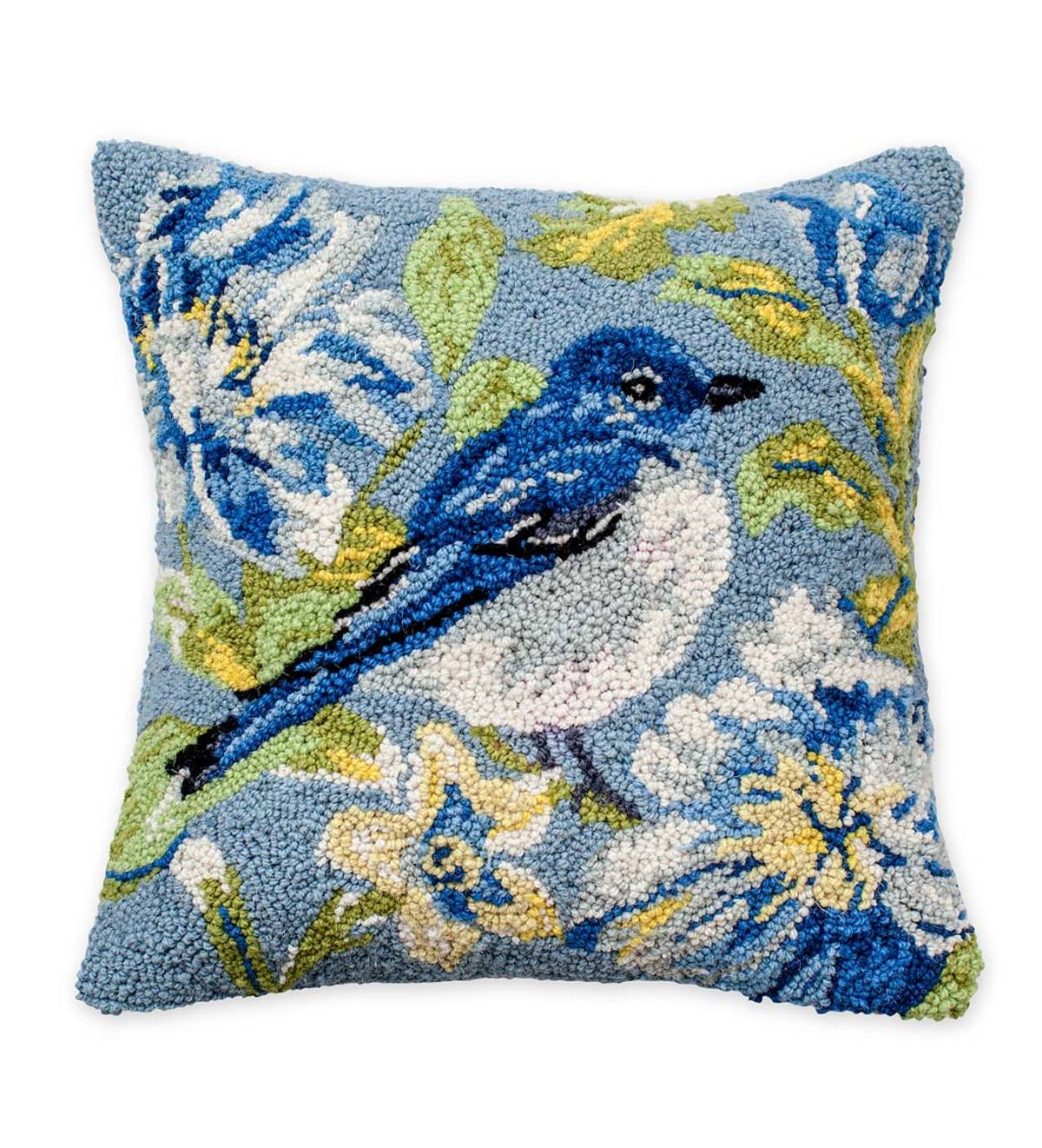 Hand-Hooked Wool Bluebird Garden Throw Pillow
