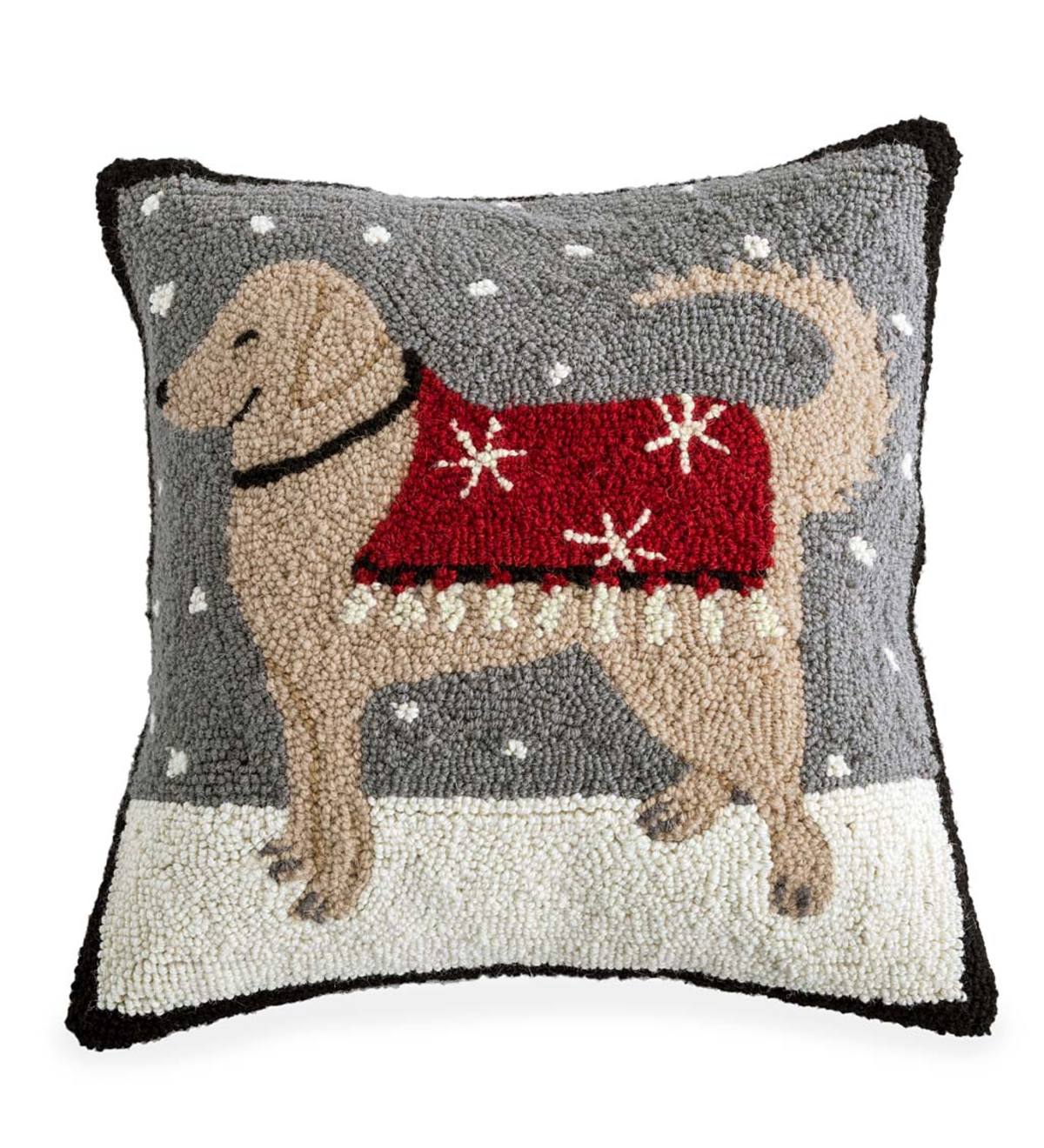 Hand-Hooked Wool Retriever Snow Day Throw Pillow
