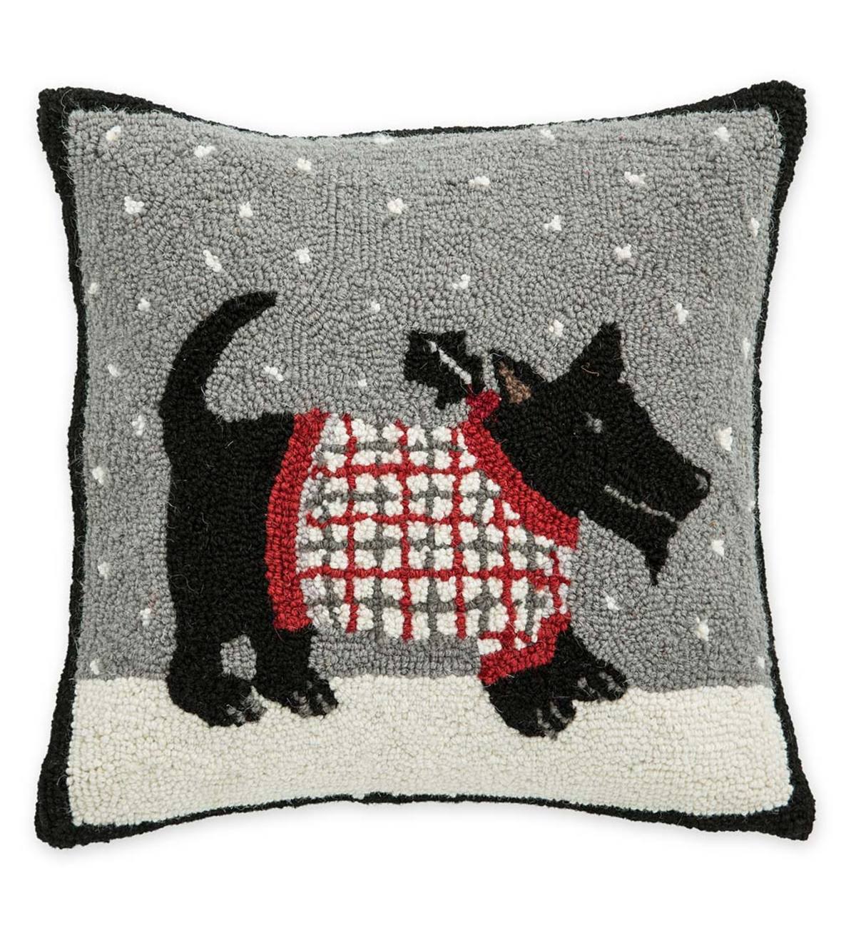 Hand-Hooked Wool Scottish Terrier Snow Day Throw Pillow