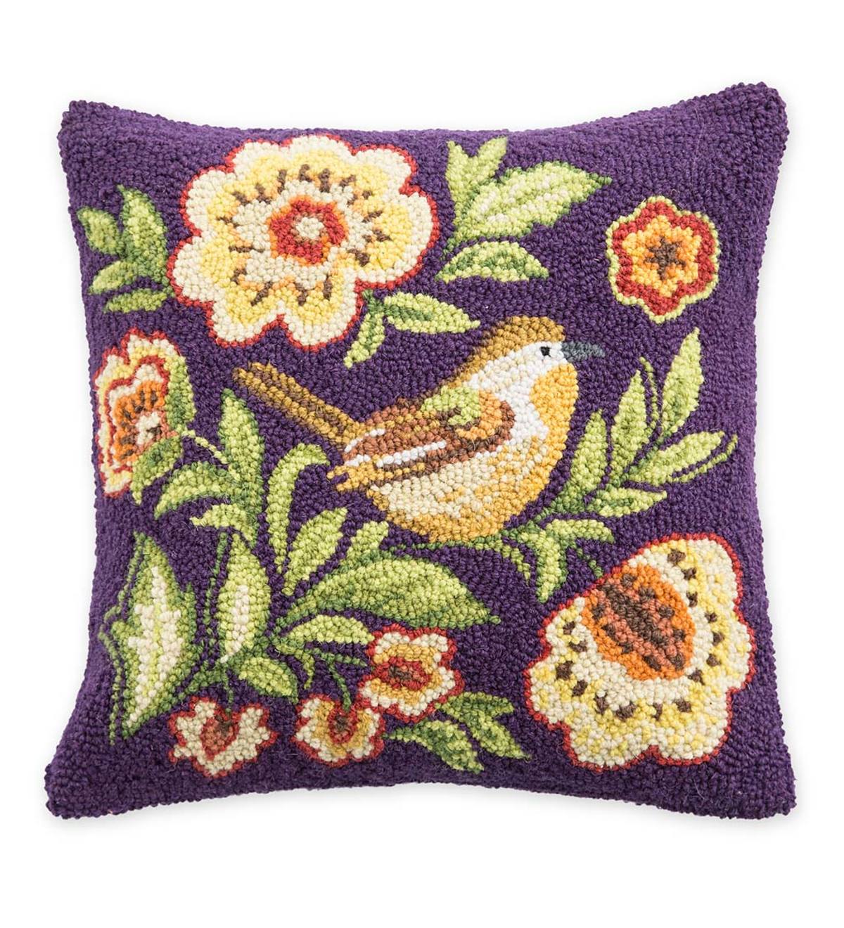 Hand-Hooked Wool Delilah Bird and Floral Throw Pillow