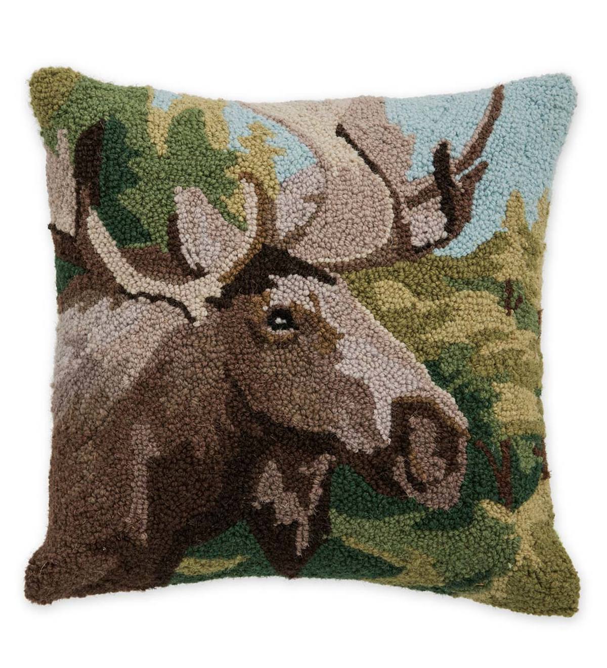 Moose Hand-Hooked Wool Throw Pillow